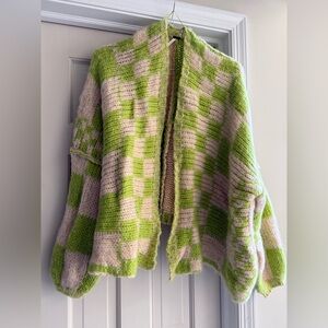 Free People Disco Lime Green and Cream Checkered Cardigan XS/S